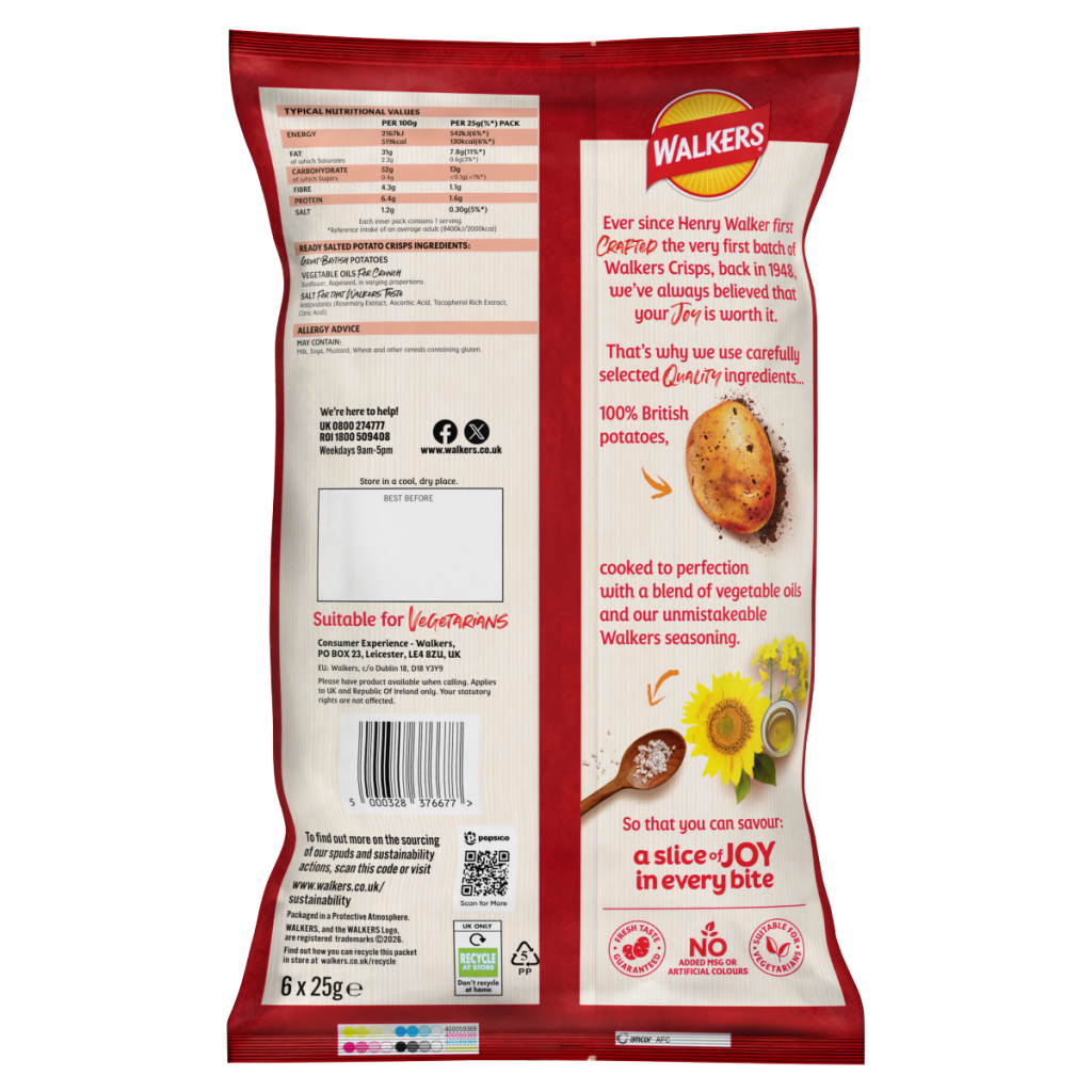 Walkers Ready Salted Multipack Crisps 6x25g
