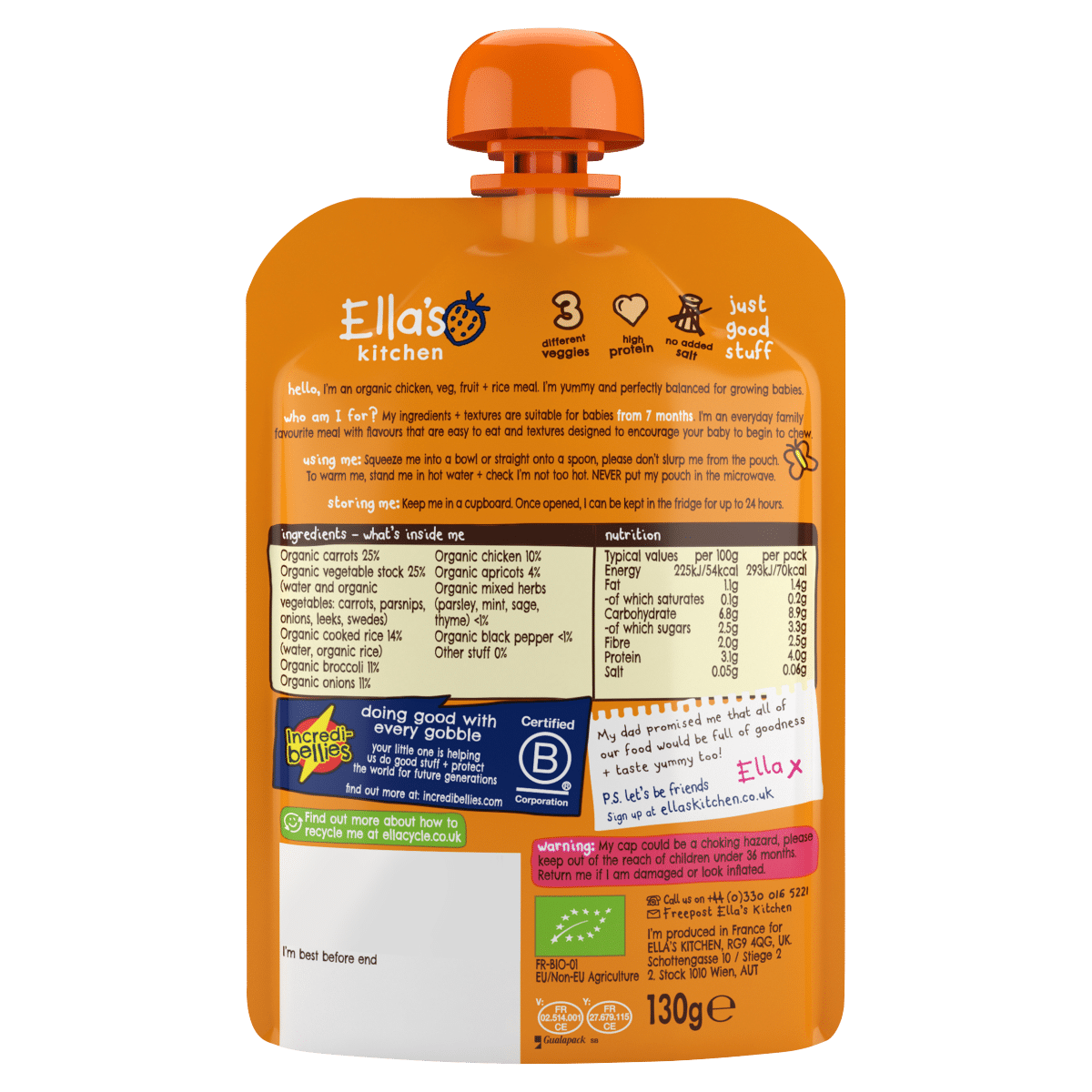 Ella’s Kitchen Organic Chicken and Rice Casserole Baby Pouch 7+ Months 130g