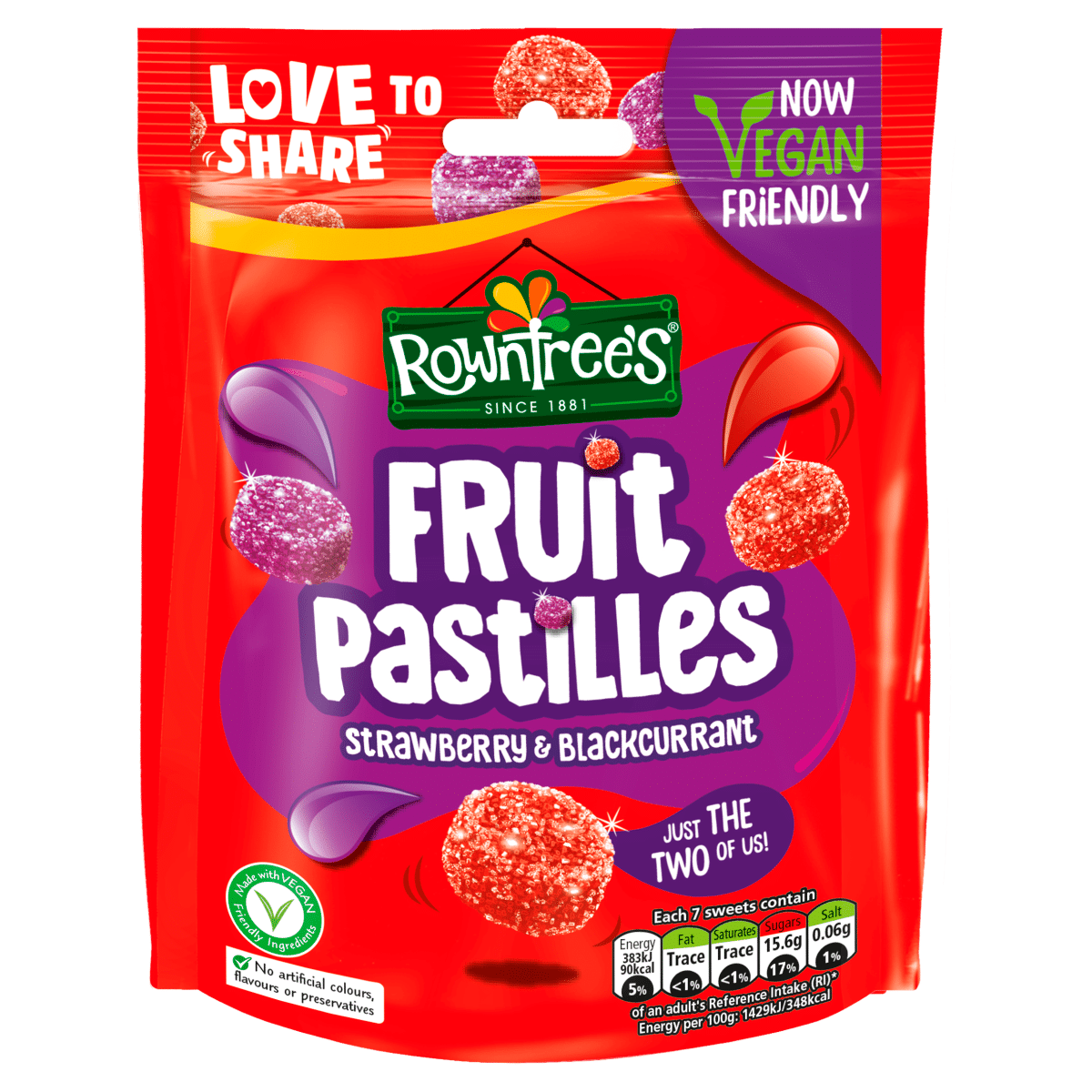 Rowntree’s Fruit Pastilles Vegan Friendly Strawberry & Blackcurrant Sharing Bag 143g