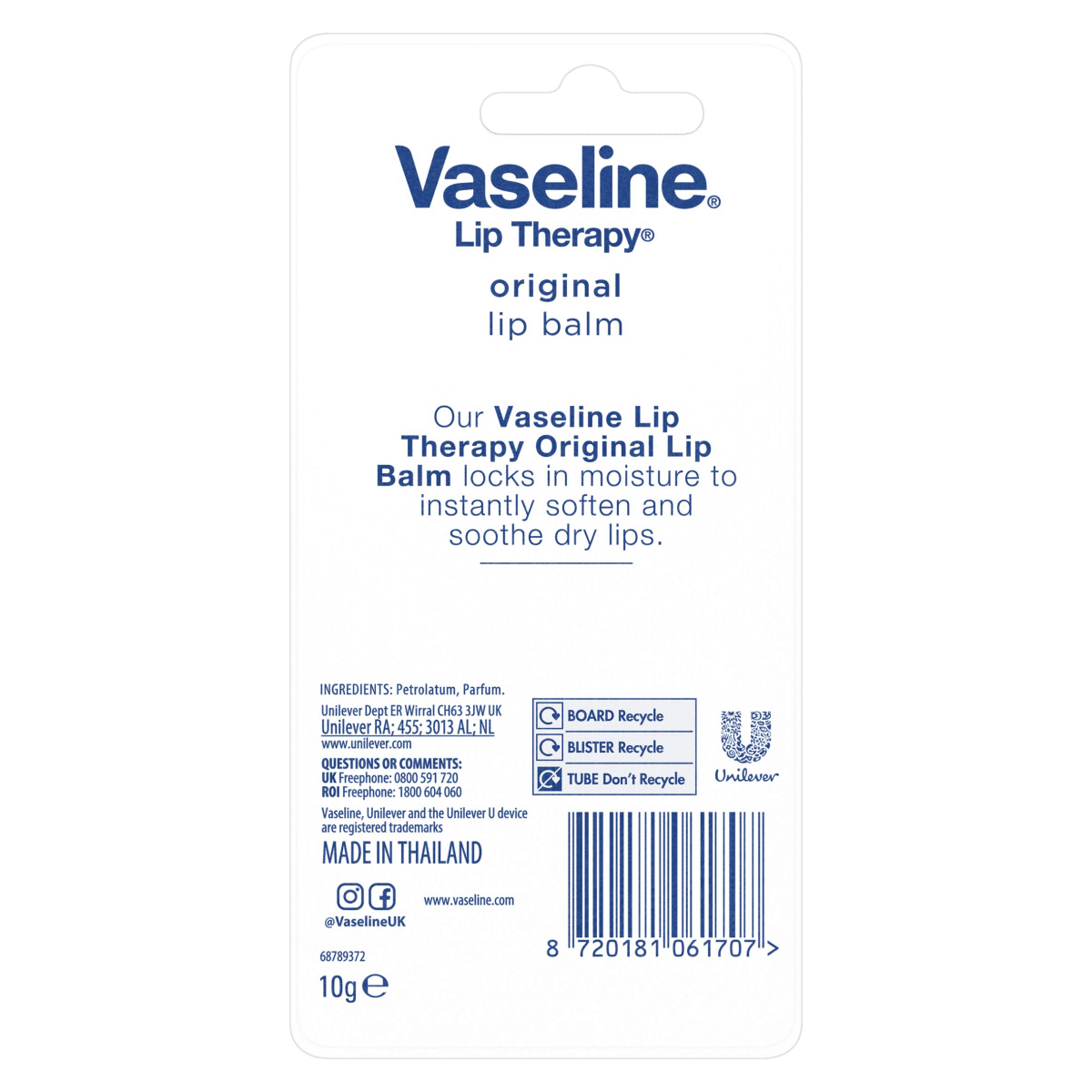 Vaseline Lip Therapy Lip Balm Tube Original 10 g