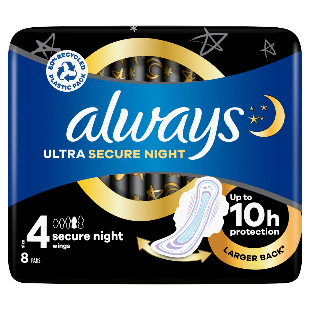 Always Ultra Sanitary Towels Secure Night (Size 4) Wings X8 Pads