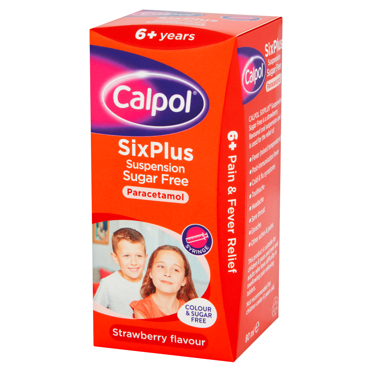 Calpol SixPlus Sugar Free Suspension, Paracetamol Medication, 6+ Years, Strawberry Flavour, 80ml