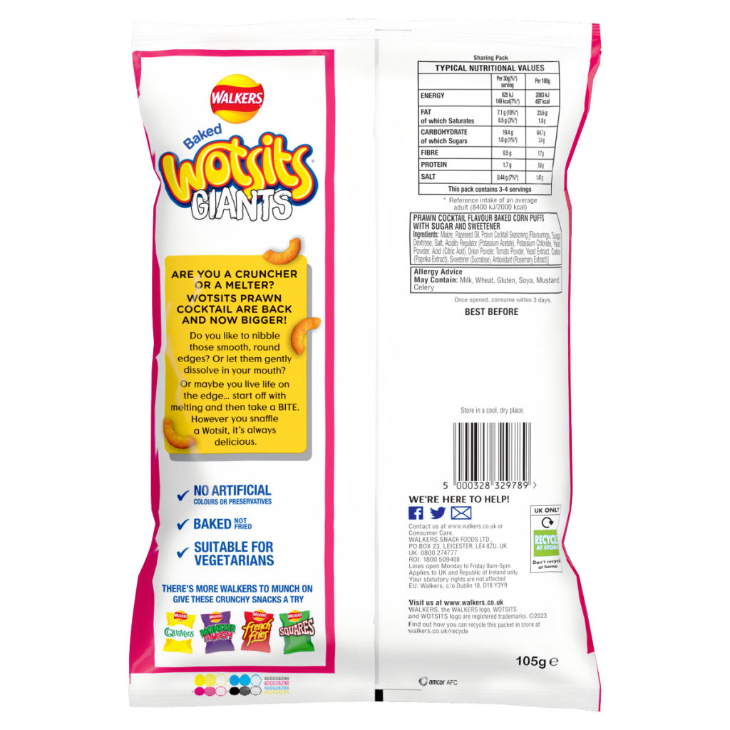 Walkers Wotsits Giants Snacks Prawn Cocktail Sharing Crisps 105g