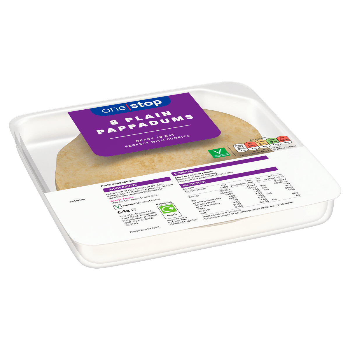One Stop 8 Plain Pappadums 64g