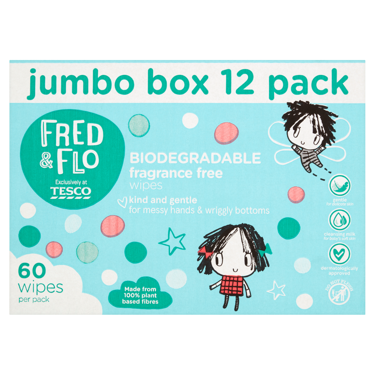 Tesco Fred & Flo 60 Biodegradable Fragrance Free Wipes