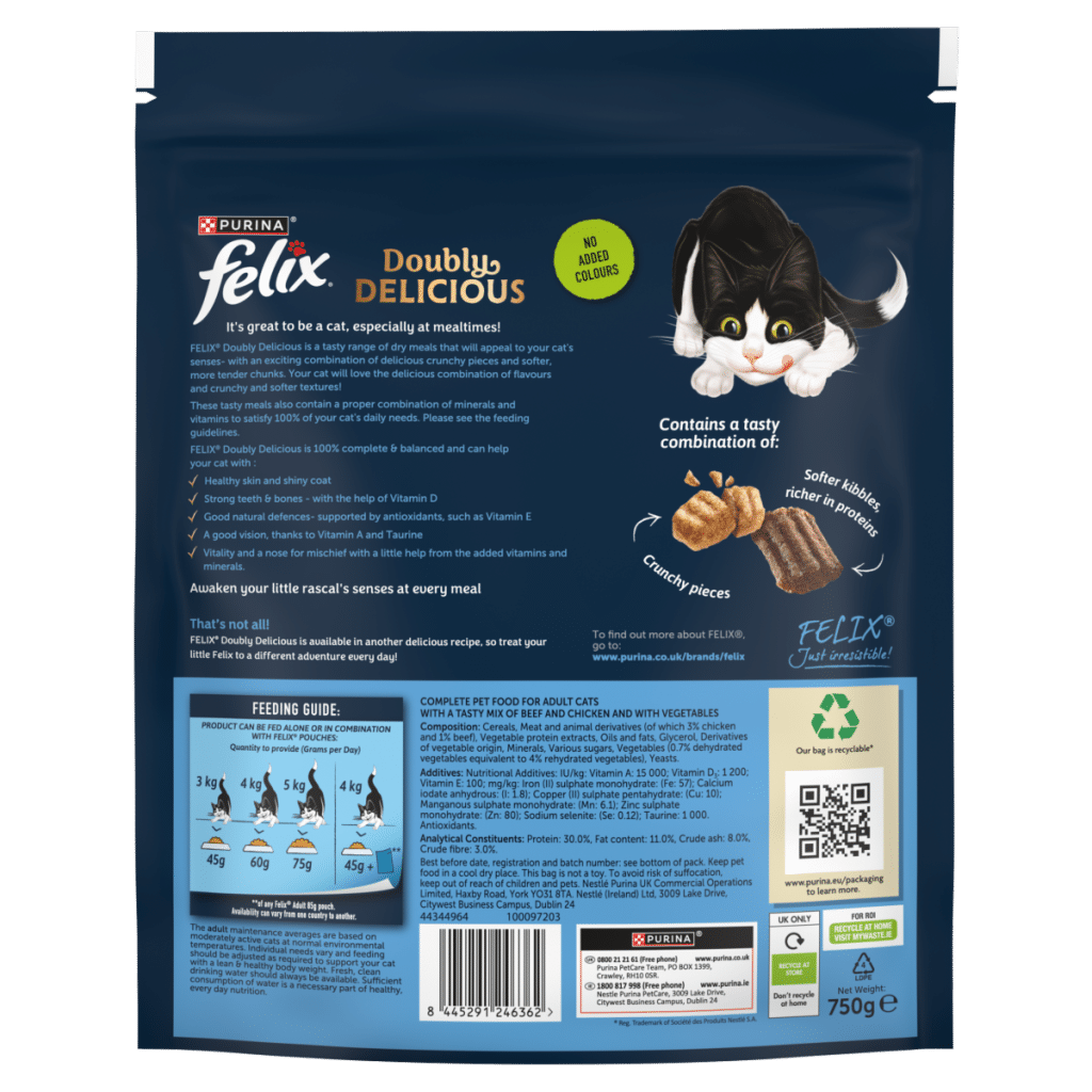 FELIX Doubly Delicious Beef, Chicken & Veg Dry Cat Food 750g