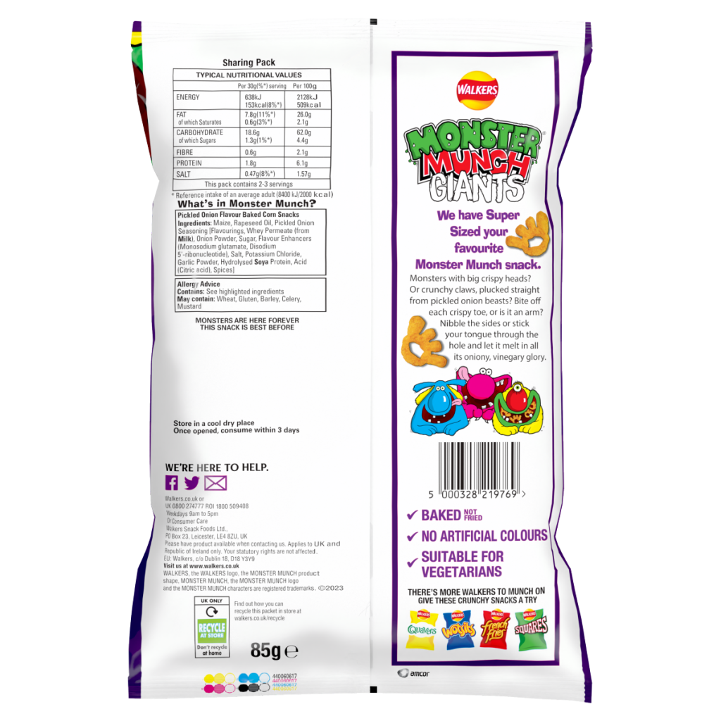 Walkers Monster Munch Snacks Giants Pickled Onion Sharing Crisps 85g