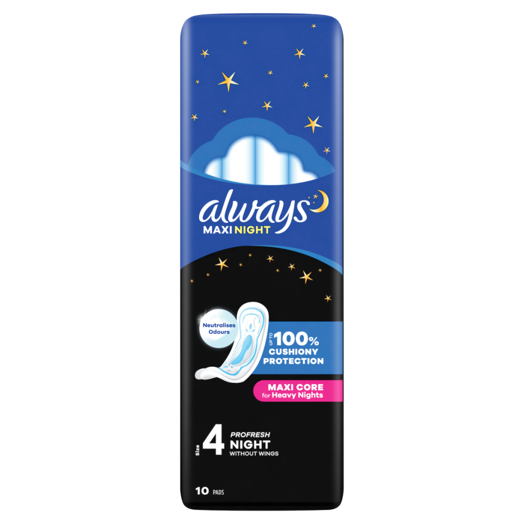 Always Maxi Profresh Night Sanitary Towels (Size 4) 10 Pads, Menstrual Pads For Heavy Flow