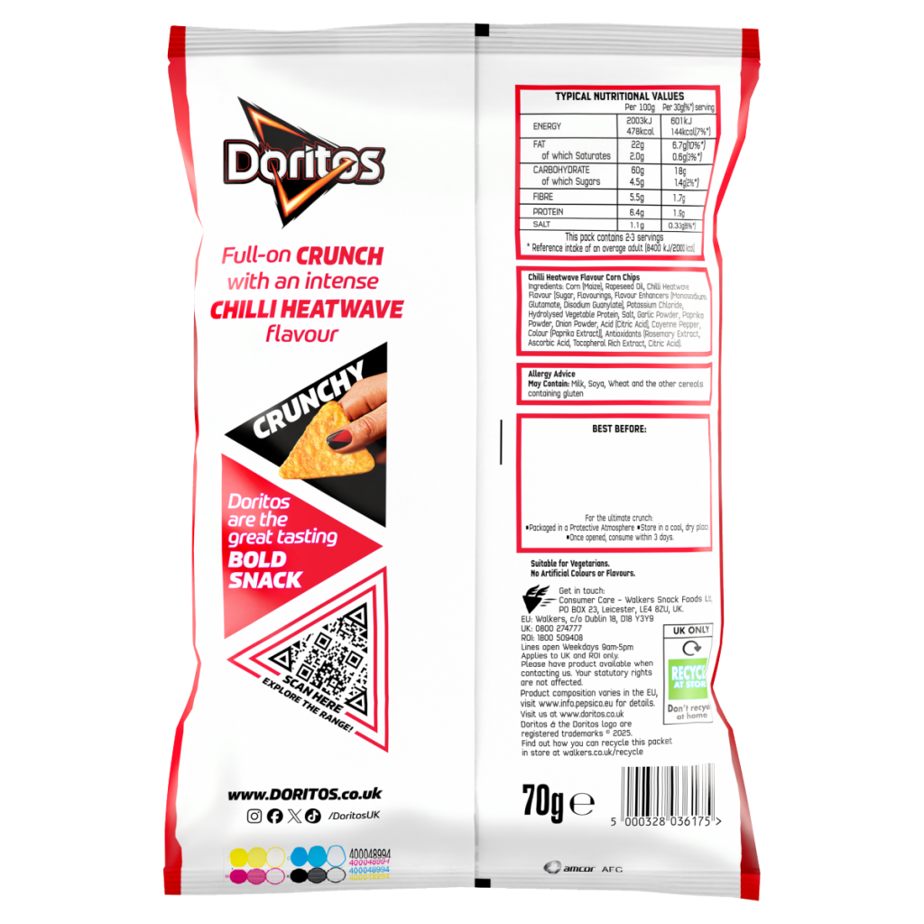 Doritos Chilli Heatwave Tortilla Chips Sharing Bag Crisps 70g PMP RRP £1.35