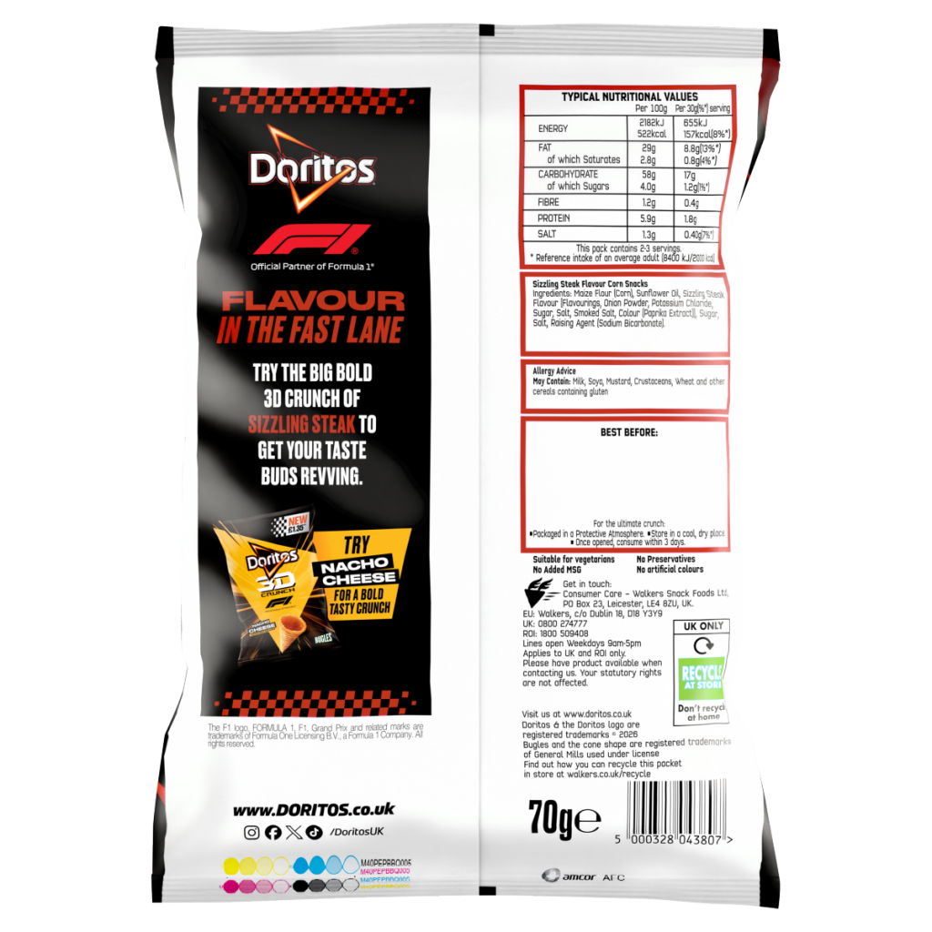Doritos 3D Crunch Sizzling Steak Crisps 70g PMP RRP £1.35