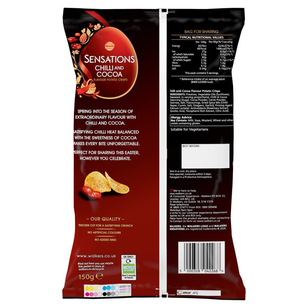 Walkers Sensations Snacks Chilli & Cocoa Sharing Crisps 150g