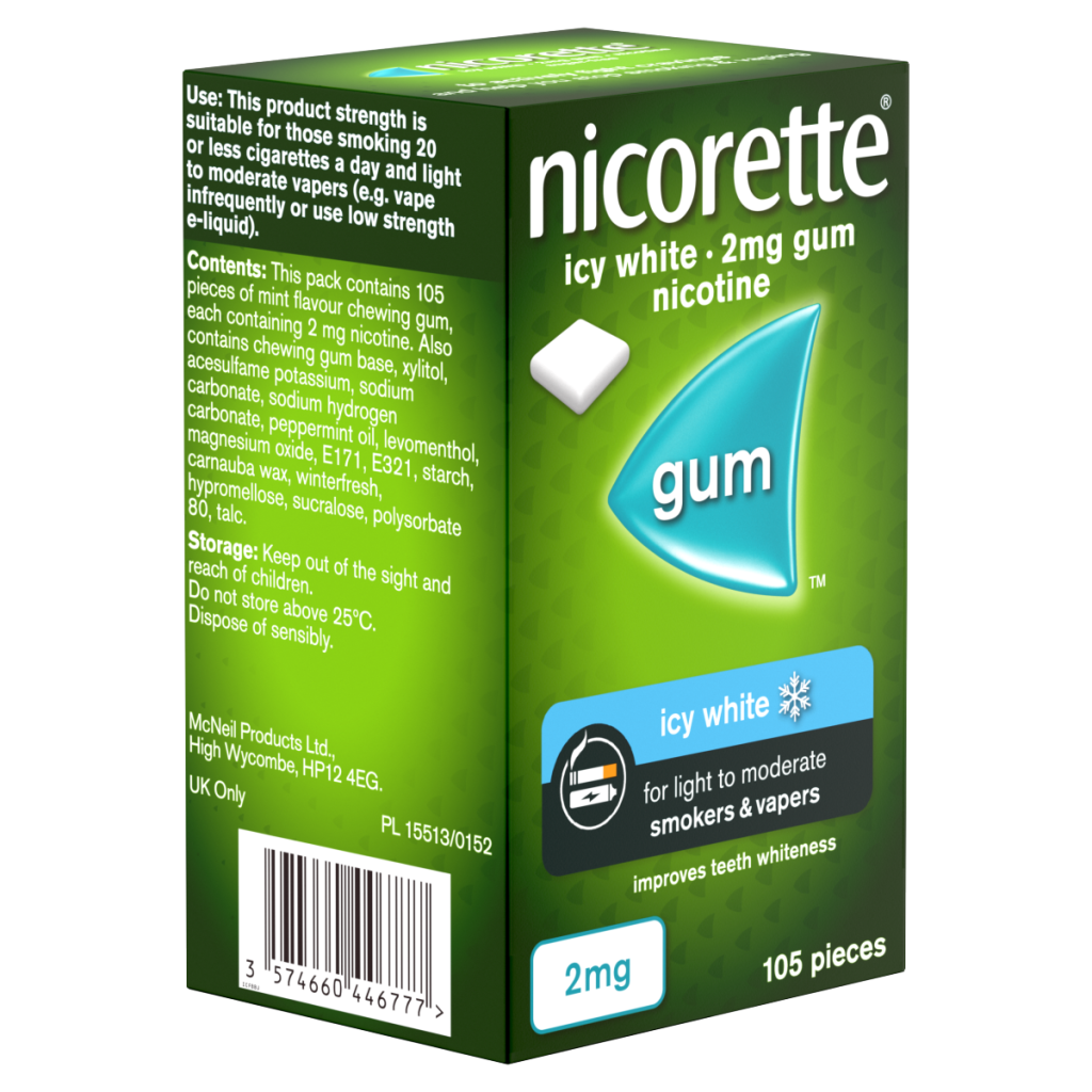 Nicorette Icy White 2mg Gum 105 Pieces, Stop Smoking and Stop Vaping Aid