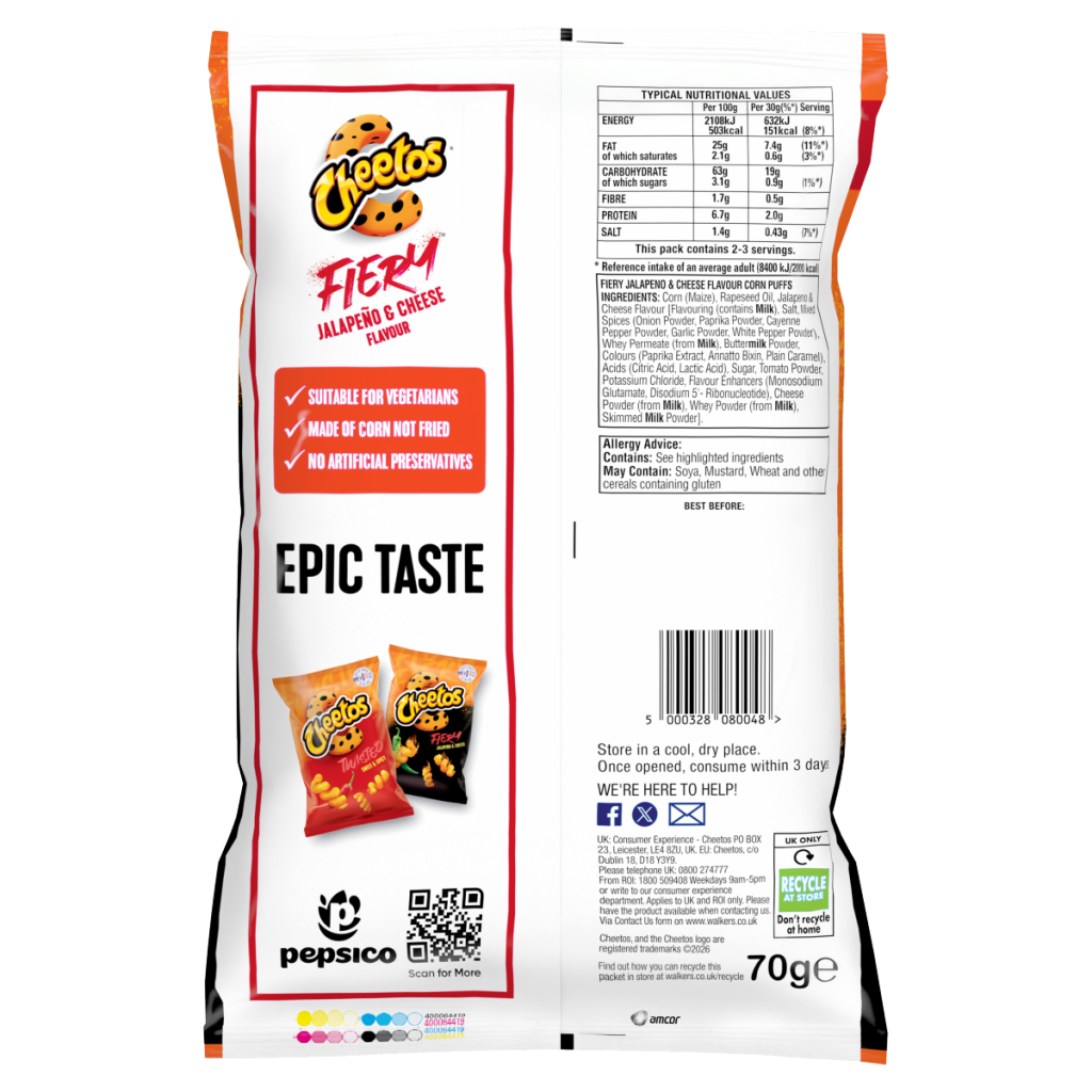 Cheetos Fiery Snacks Jalapeño & Cheese Corn Puffs 70g PMP RRP £1.35