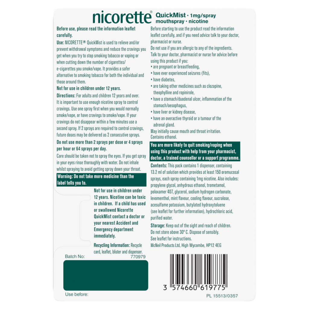 Nicorette Quickmist Freshmint Mouthspray 1 Unit, Quit Vaping Aid