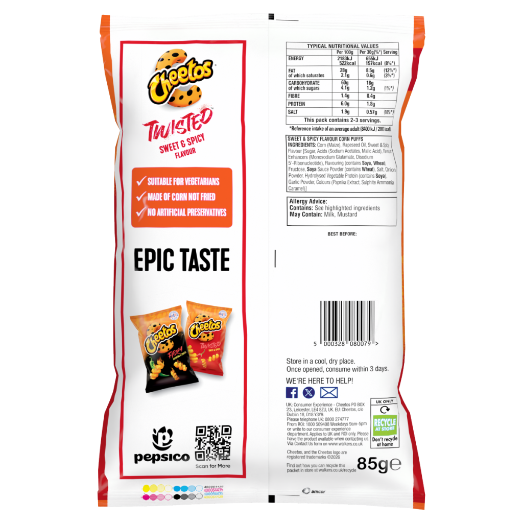 Cheetos Twisted Snacks Sweet & Spicy Corn Puffs 85g PMP RRP £1.35