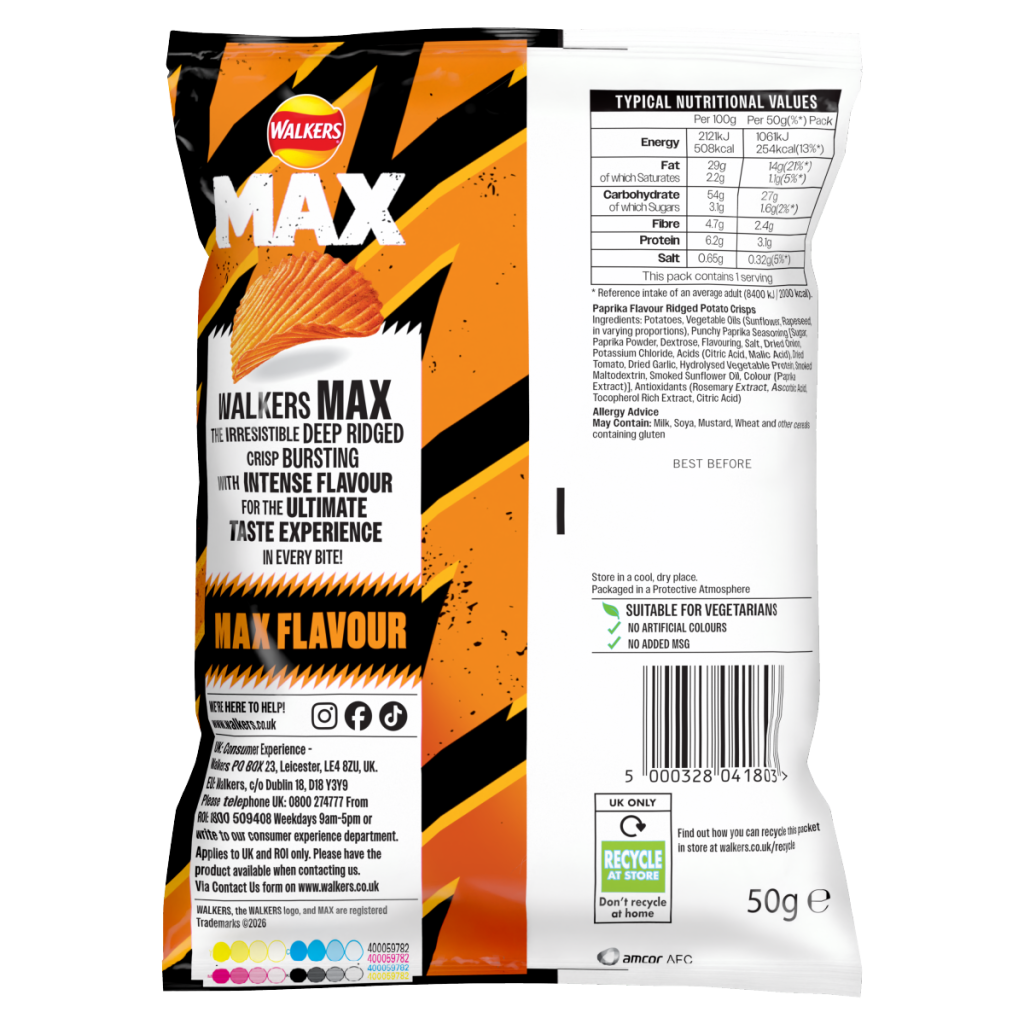 Walkers Max Punchy Paprika Grab Bag Crisps 50g