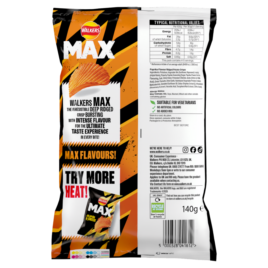 Walkers Max Punchy Paprika Sharing Crisps 140g