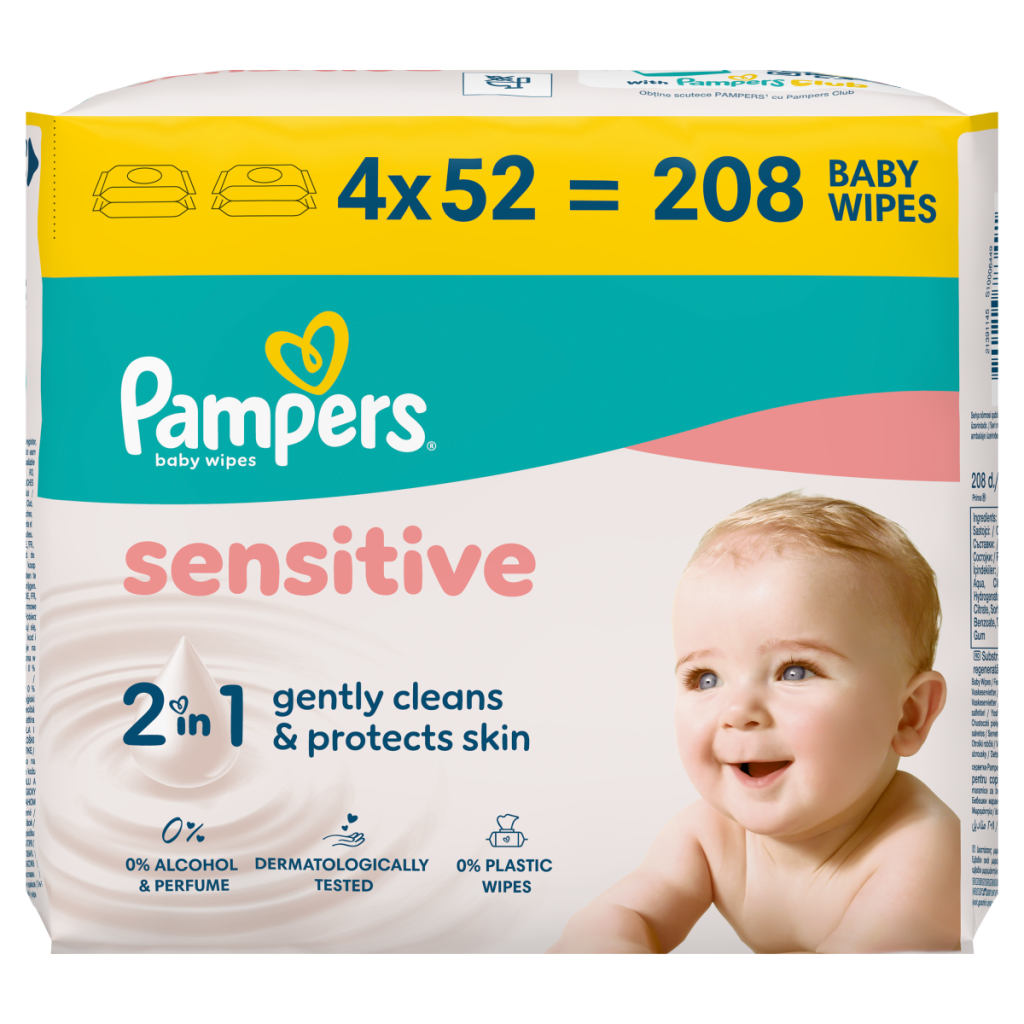 Pampers Sensitive Baby Wipes Plastic Free, 4 Packs of 52 Wipes = 208 Baby Wet Wipes