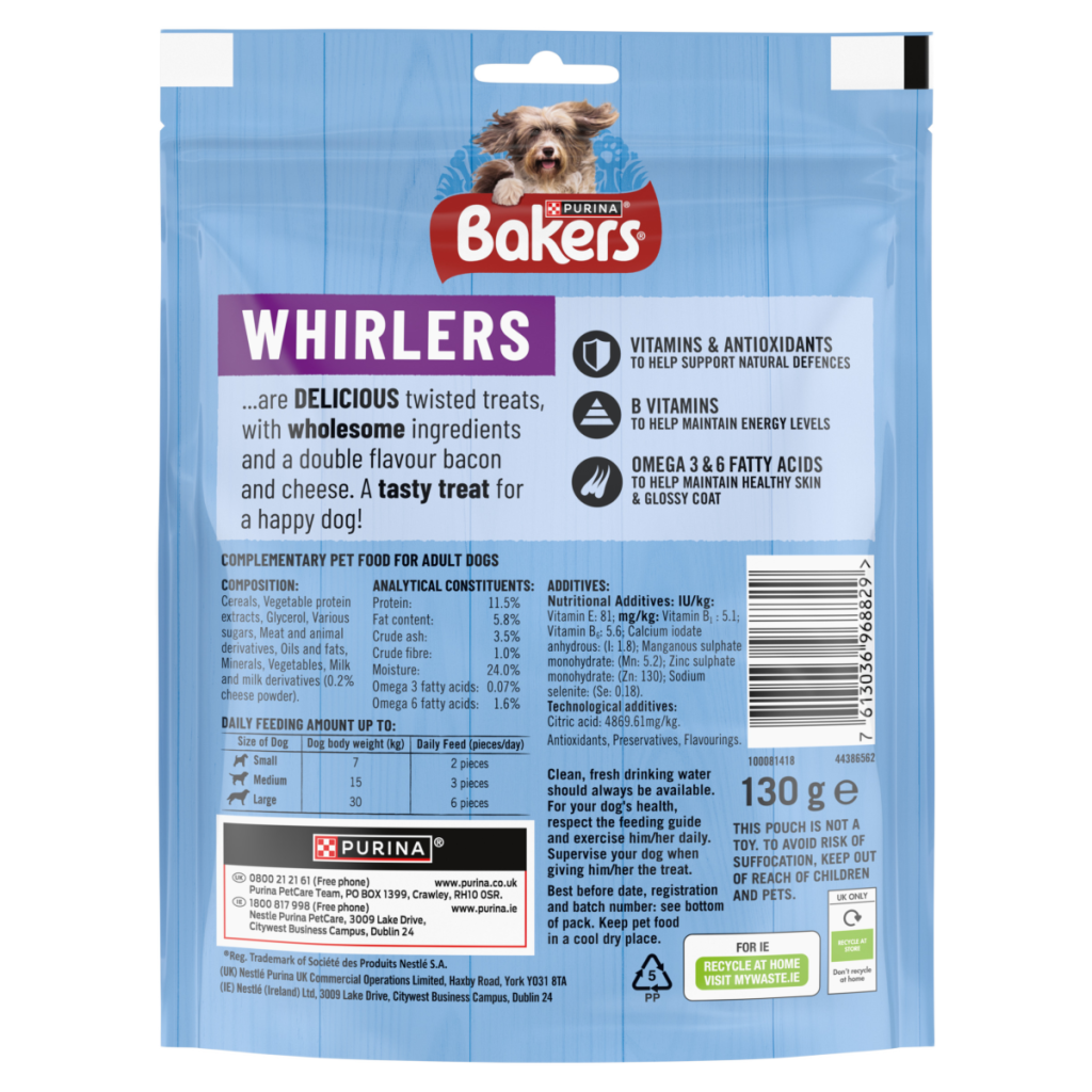 BAKERS Whirlers Bacon and Cheese Dog Treats 130g