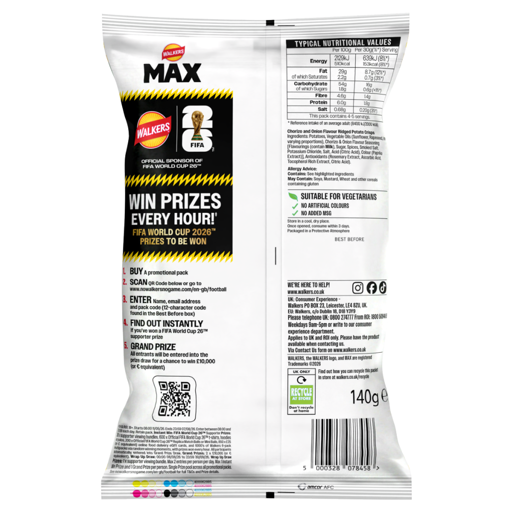Walkers MAX Portuguese Chorizo & Onion Sharing Crisps 140g