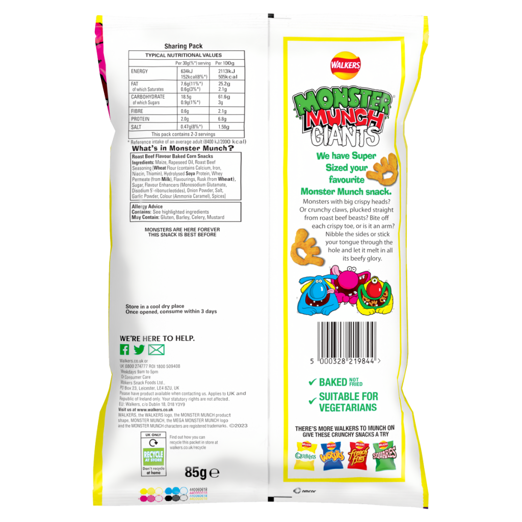 Walkers Monster Munch Giants Roast Beef Snacks Sharing Crisps 85g