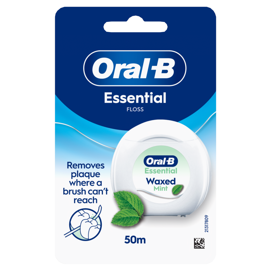 Oral-B Essential Floss – Removes Plaque – Waxed Dental Floss for Tight Spaces – Mint Flavour – 50m