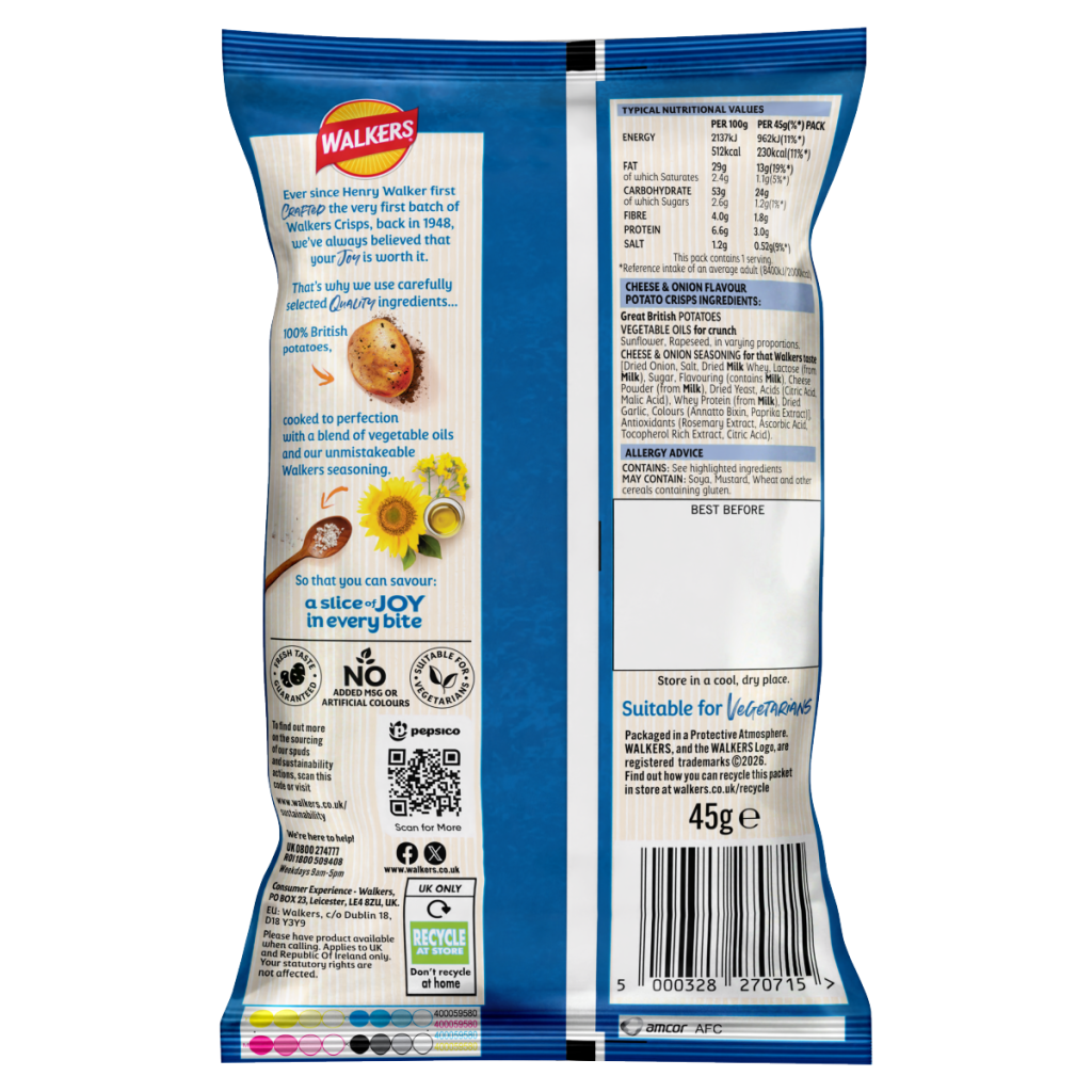 Walkers Cheese & Onion Grab Bag Crisps 45g