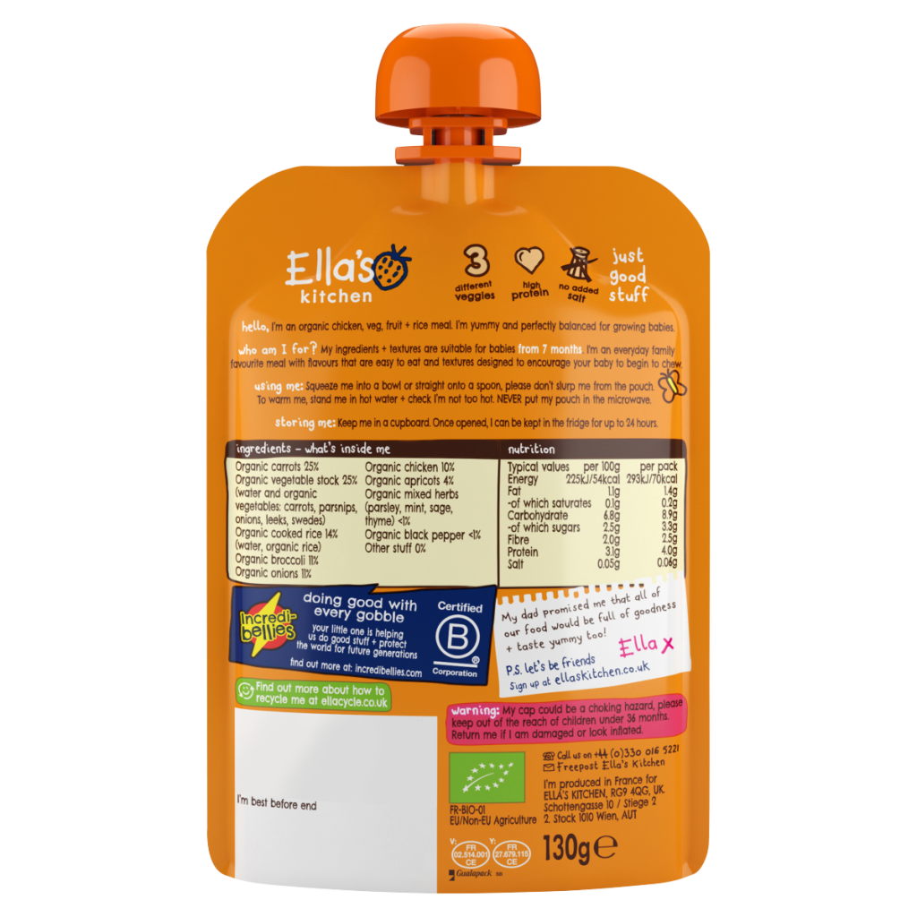 Ella’s Kitchen Organic Chicken and Rice Casserole Baby Pouch 7+ Months 130g