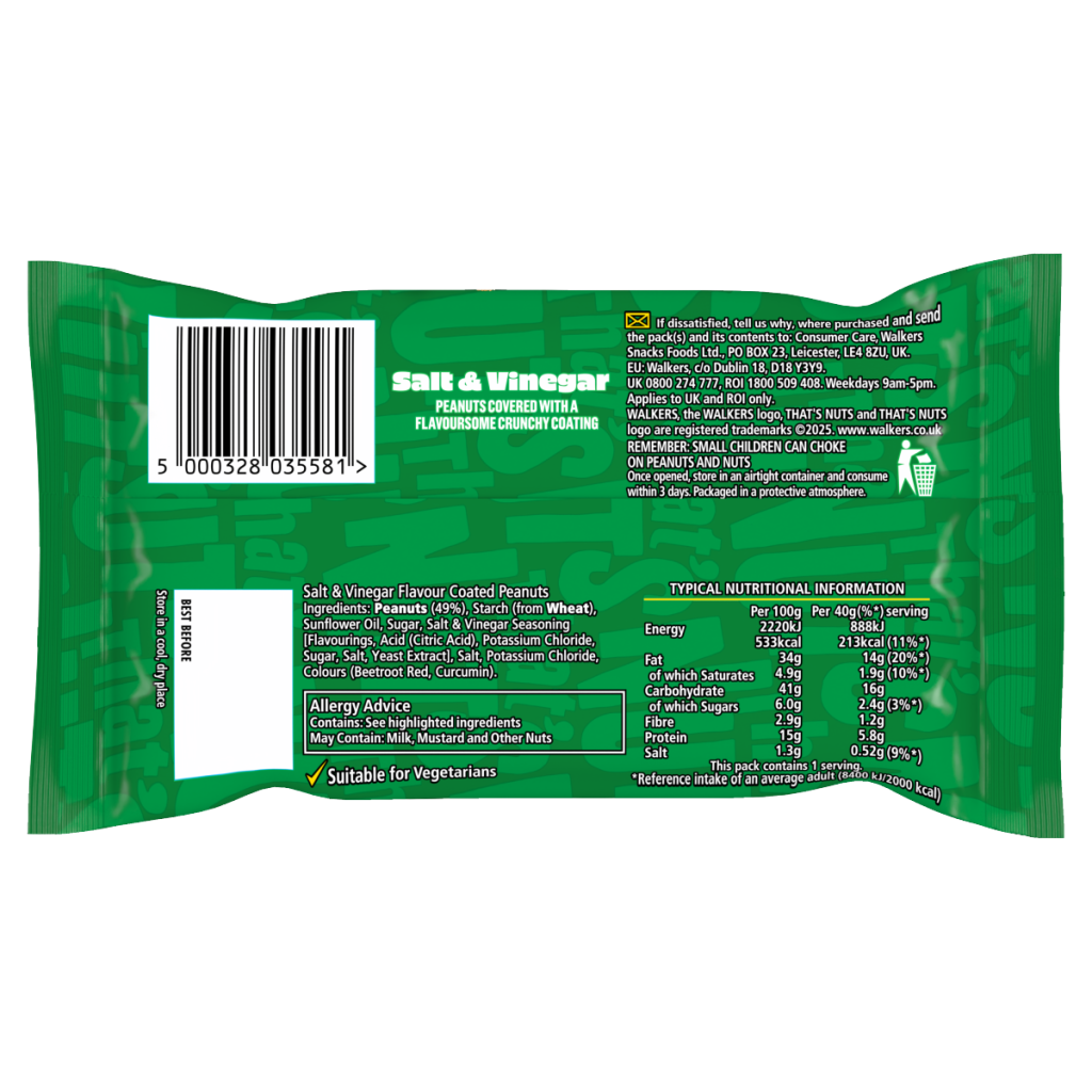 That’s Nuts Walkers Salt & Vinegar Coated Peanuts Grab Bag 40g
