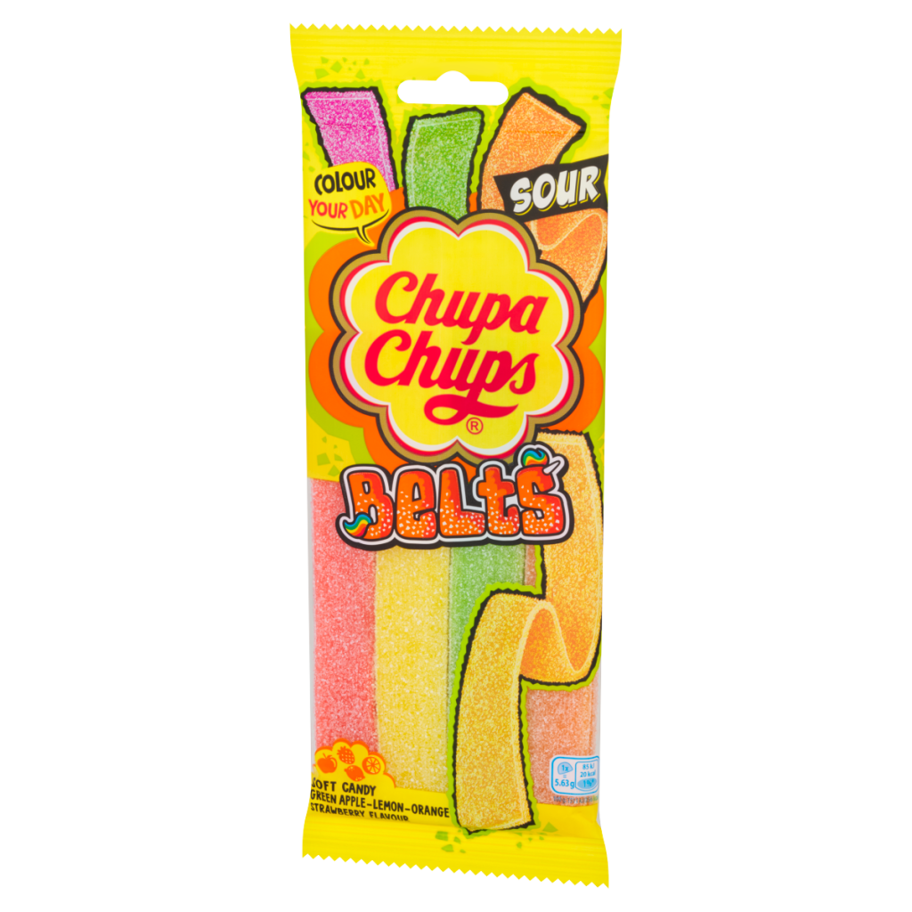 Chupa Chups Green Apple-Lemon-Orange Strawberry Flavour Soft Candy Belts 90g