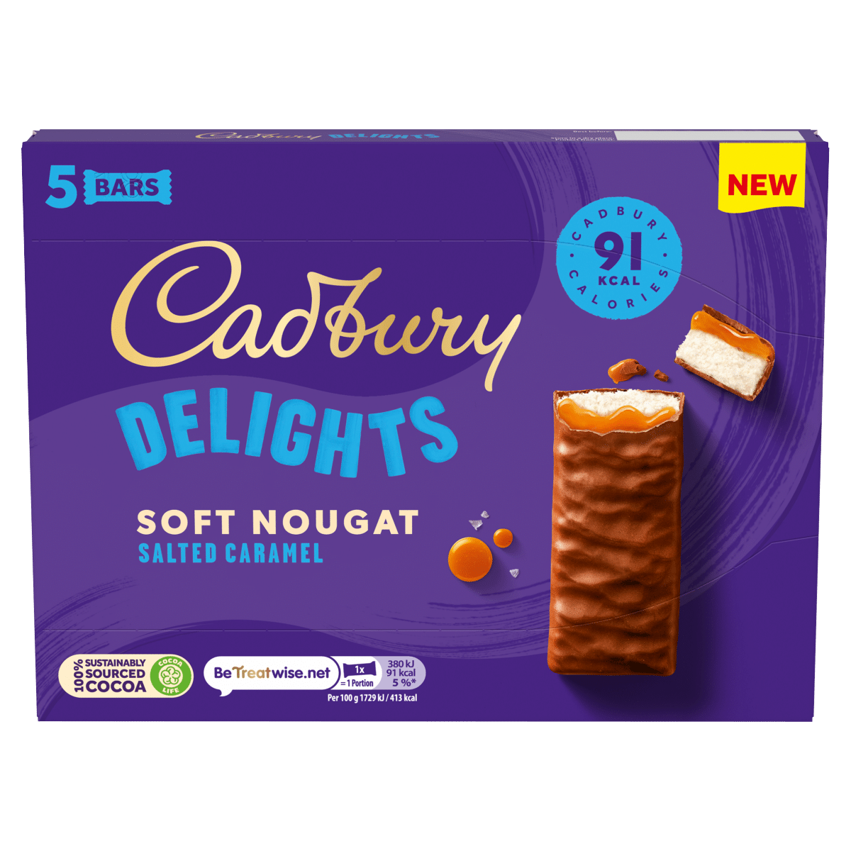 Cadbury Delights Soft Nougat Salted Caramel Bars 5 x 22g (110g)