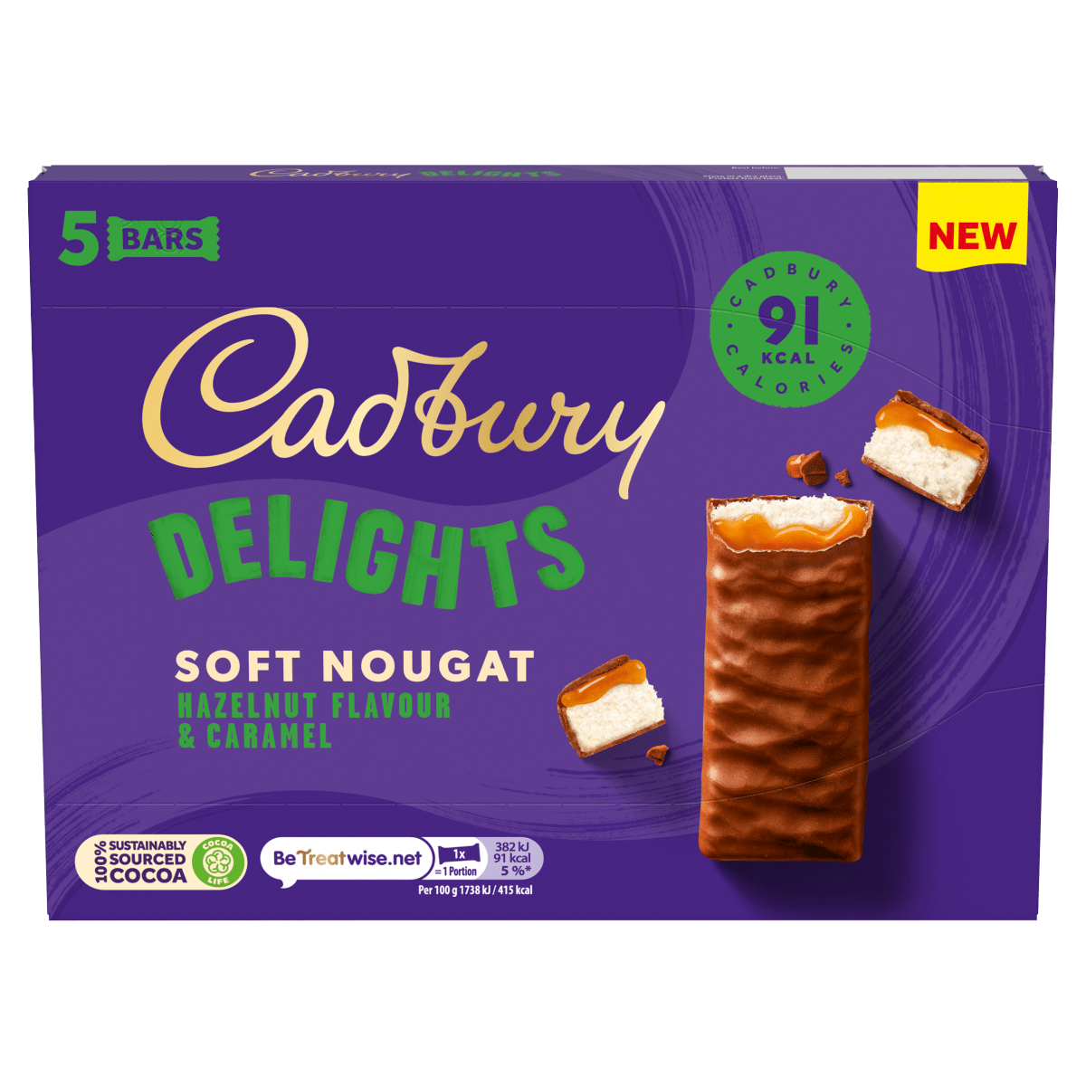 Cadbury Delights Soft Nougat Hazelnut Flavour & Caramel Bars 5 x 22g (110g)