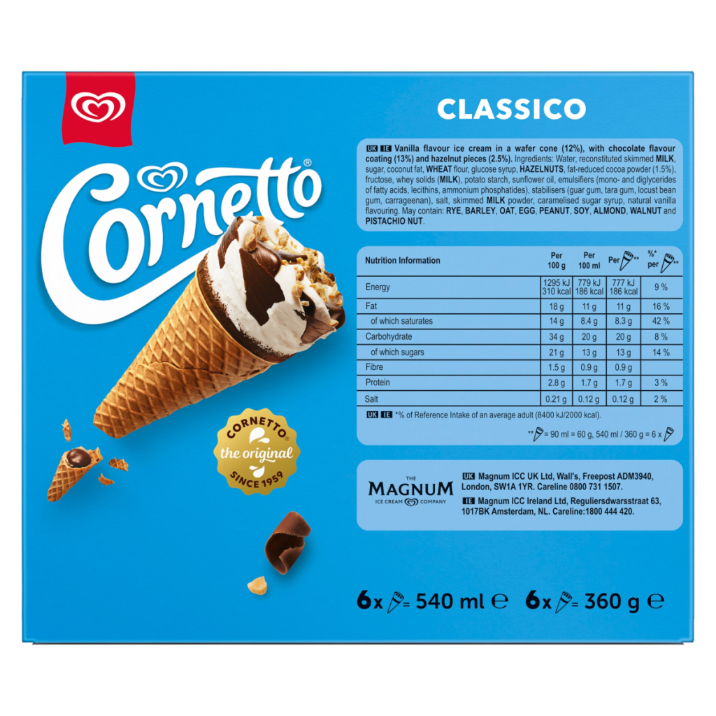Cornetto Classico Ice Cream Cone 6x 90 ml