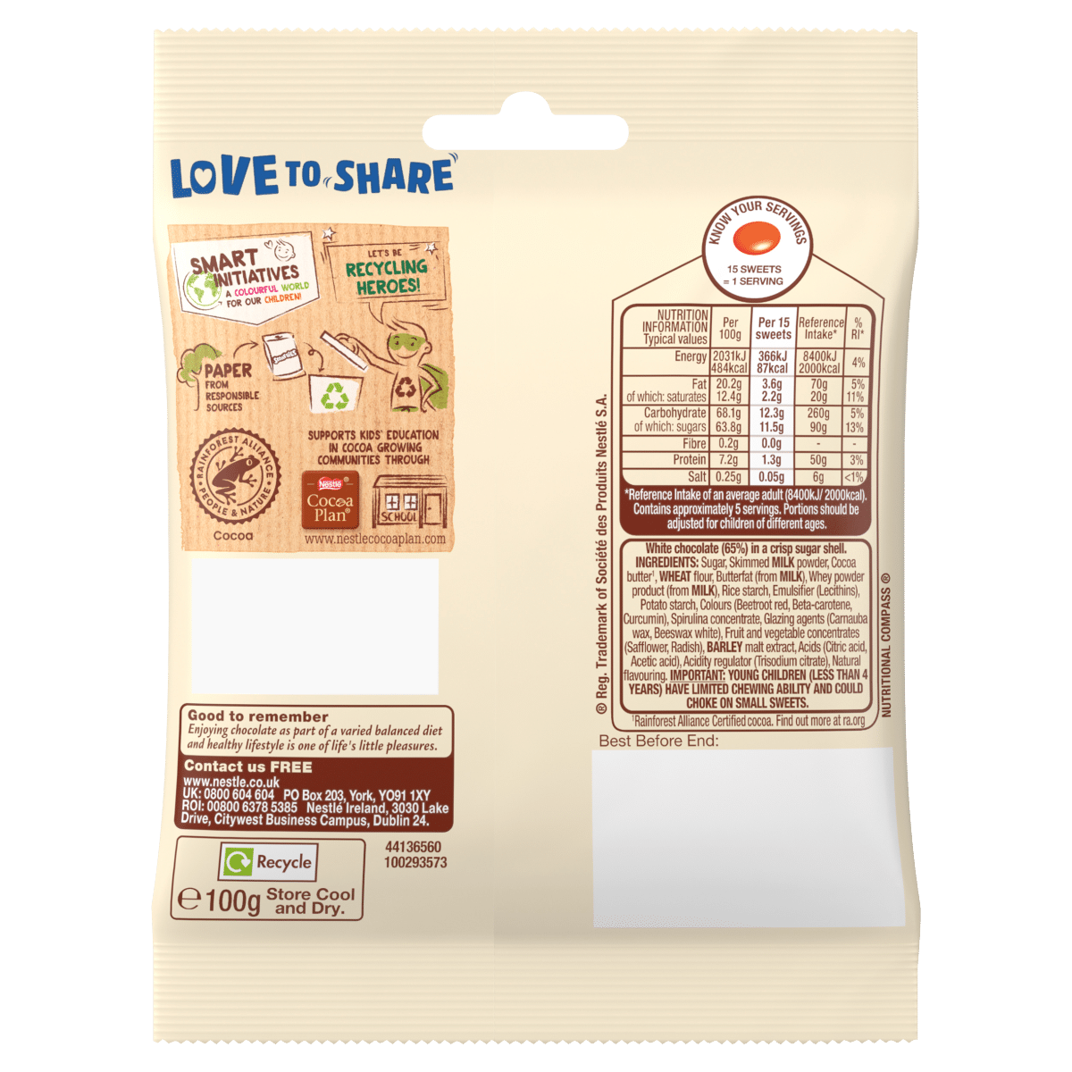 Smarties White Chocolate Sharing Bag 100g