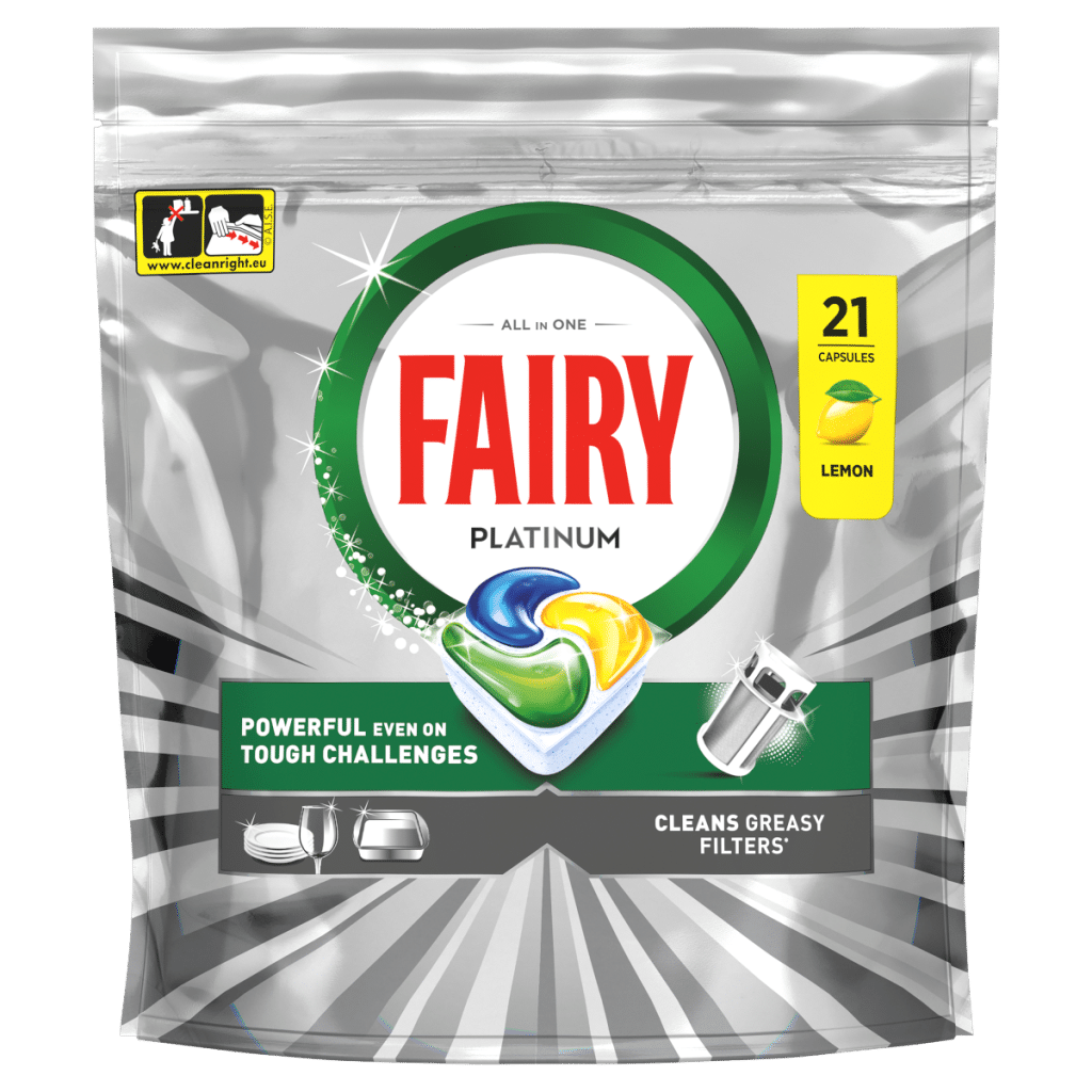 Fairy Platinum Dishwasher Tablets, Lemon, 21 Capsules, Tackles Tough Challenges, Greasy Filter