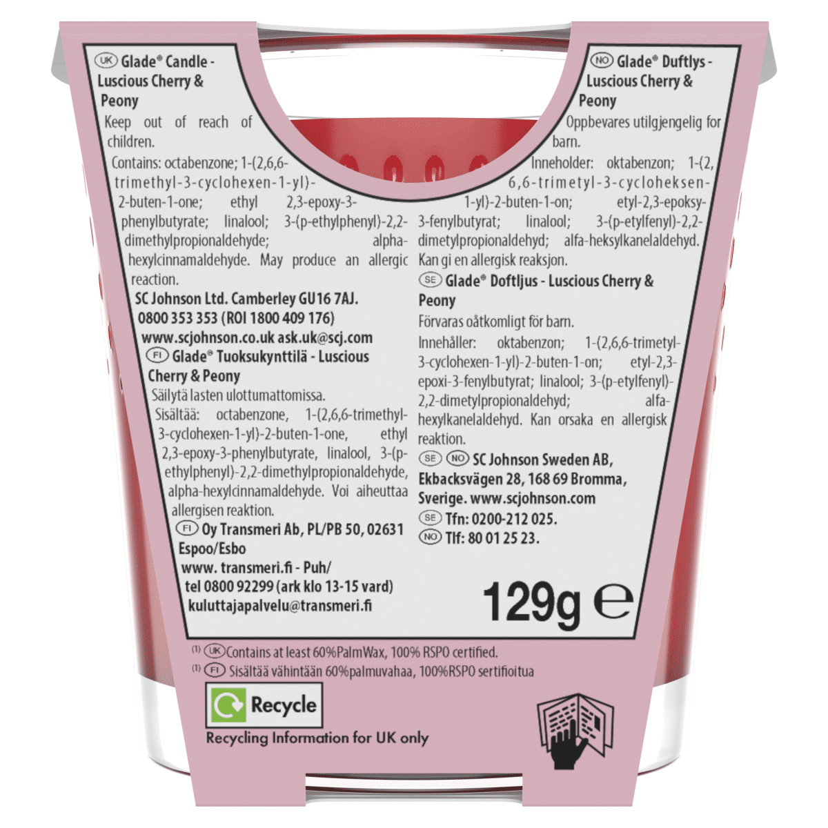 Glade Scented Candle Air Freshener Luscious Cherry & Peony 129g