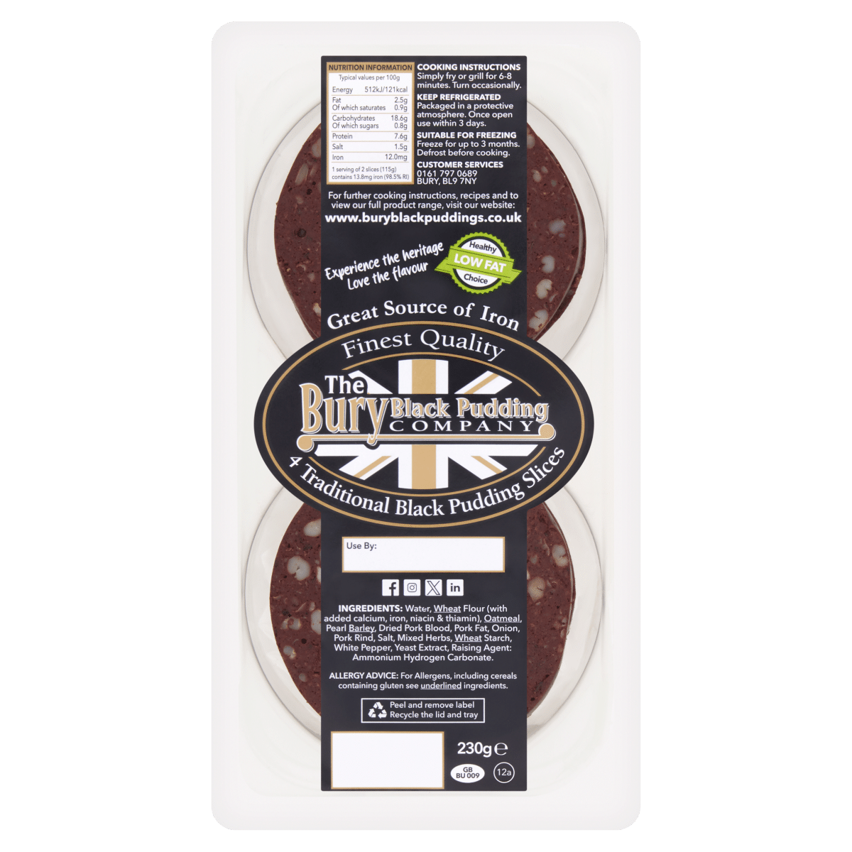 The Bury Black Pudding Company 4 Traditional Black Pudding Slices 230g