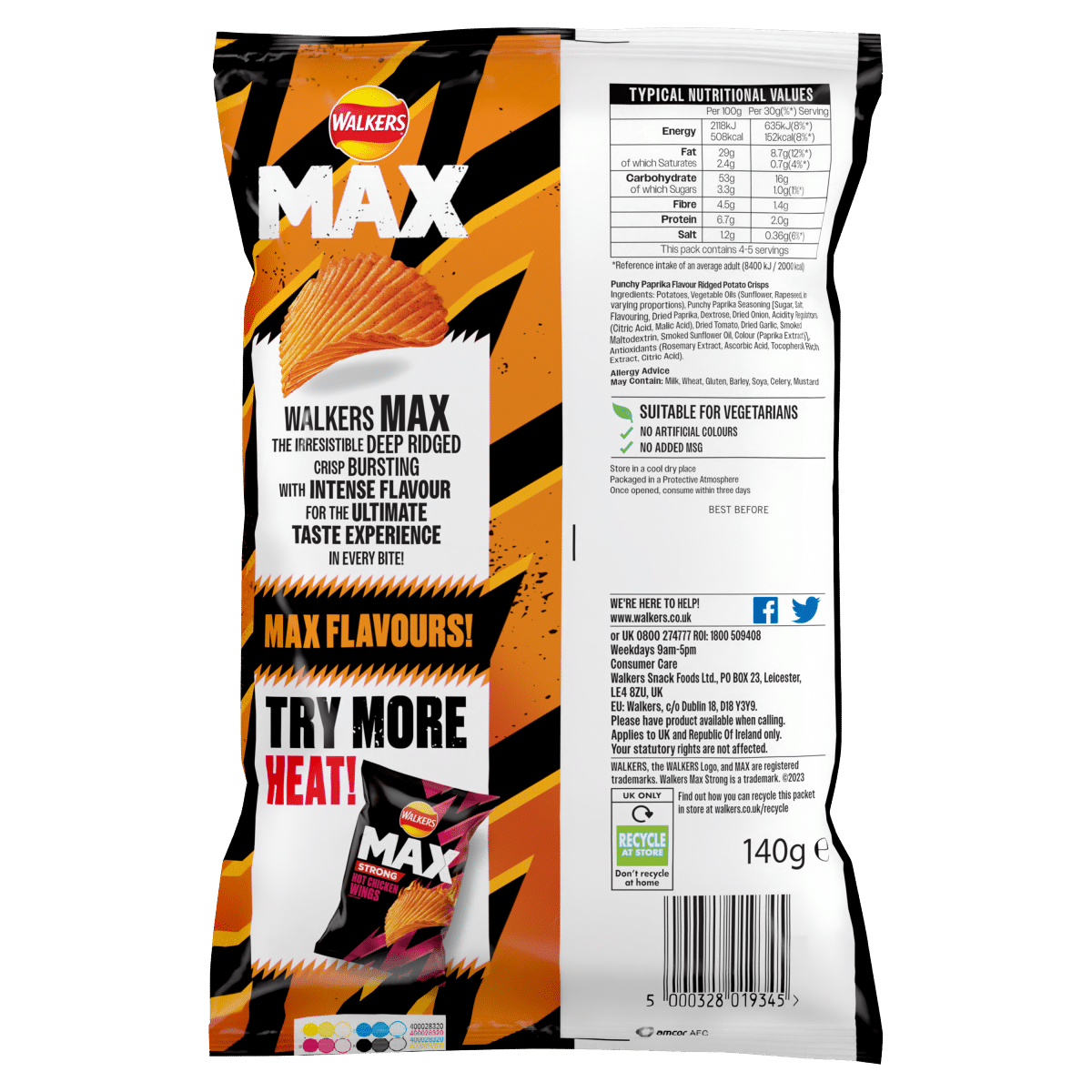 Walkers Max Punchy Paprika Sharing Crisps 140g