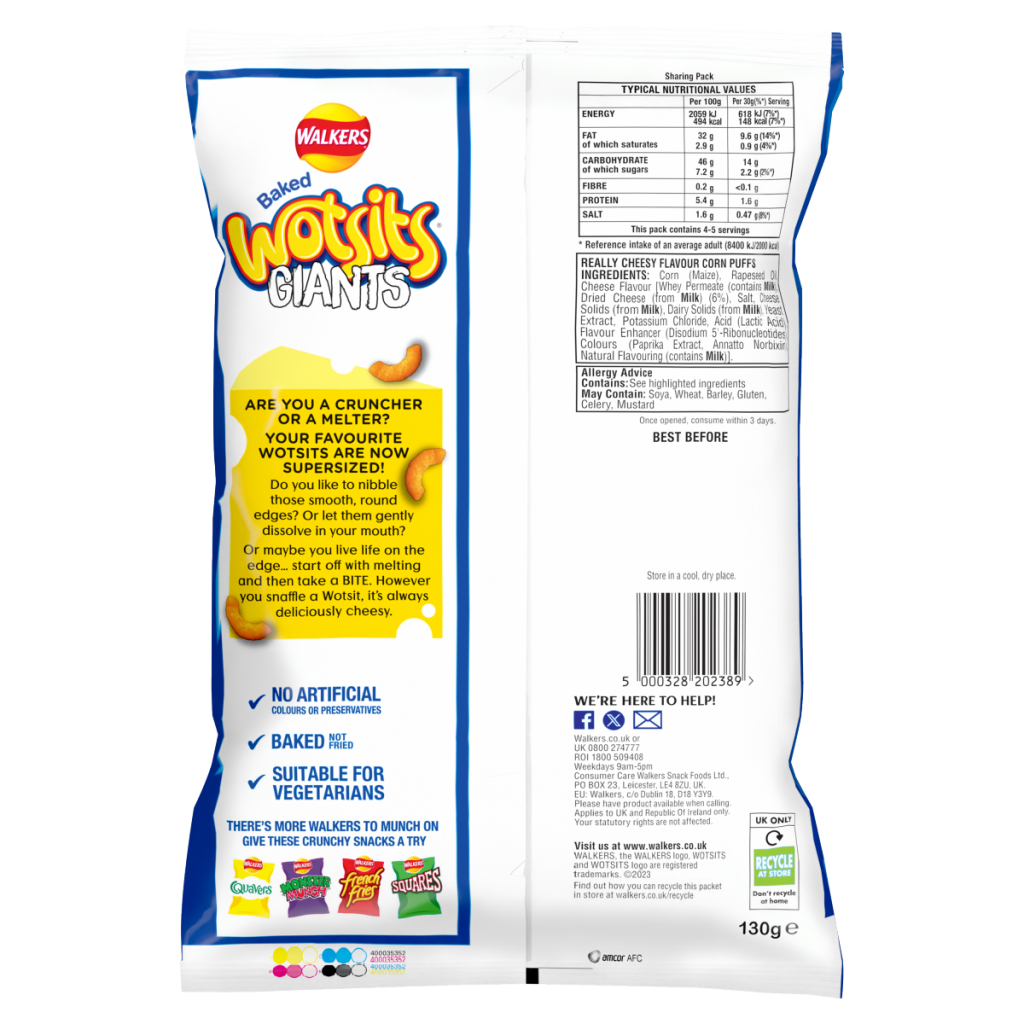Wotsits Giants Really Cheesy Sharing Cheese Snacks Crisps 130g