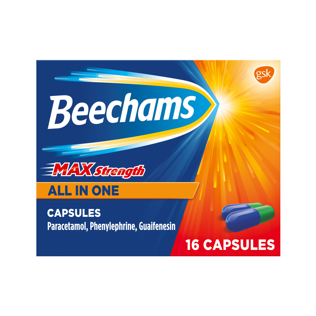 Beechams Max Strength All in One Cold and Flu Capsules 16s