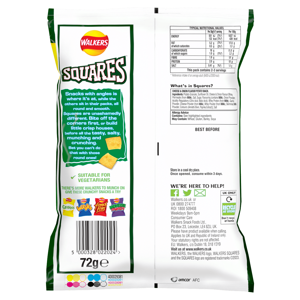 Walkers Squares Cheese and Onion Snacks RRP £1.25 PMP 72g