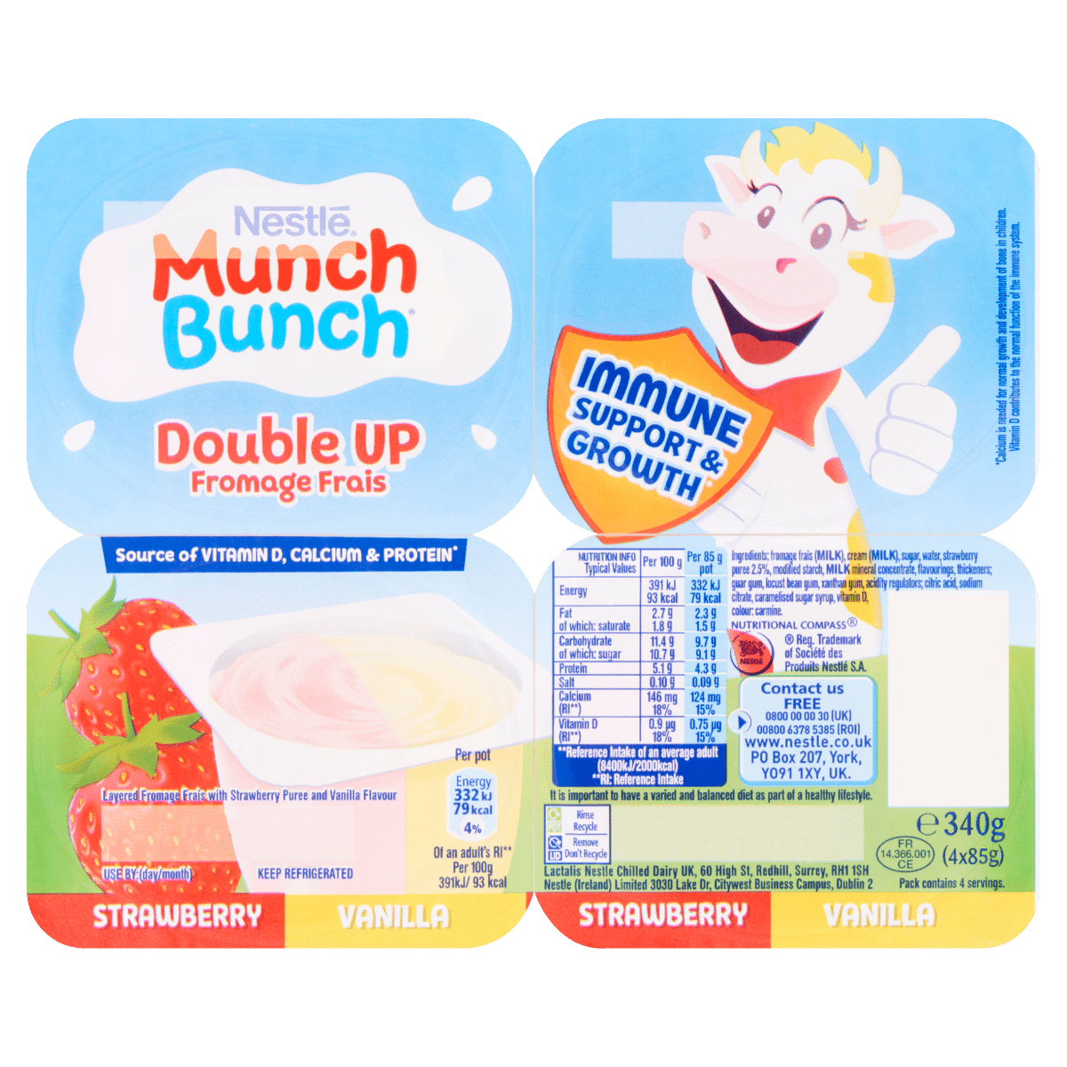Munch Bunch Double Up Fromage Frais Strawberry Vanilla 4 x 85g (340g)