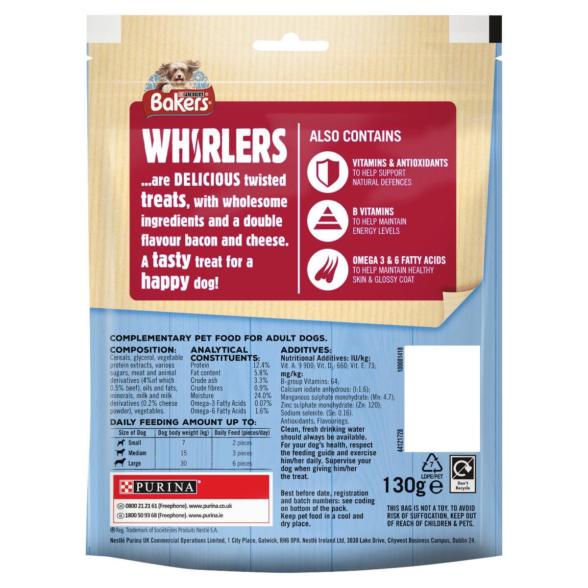 BAKERS Dog Treat Bacon and Cheese Whirlers 130g