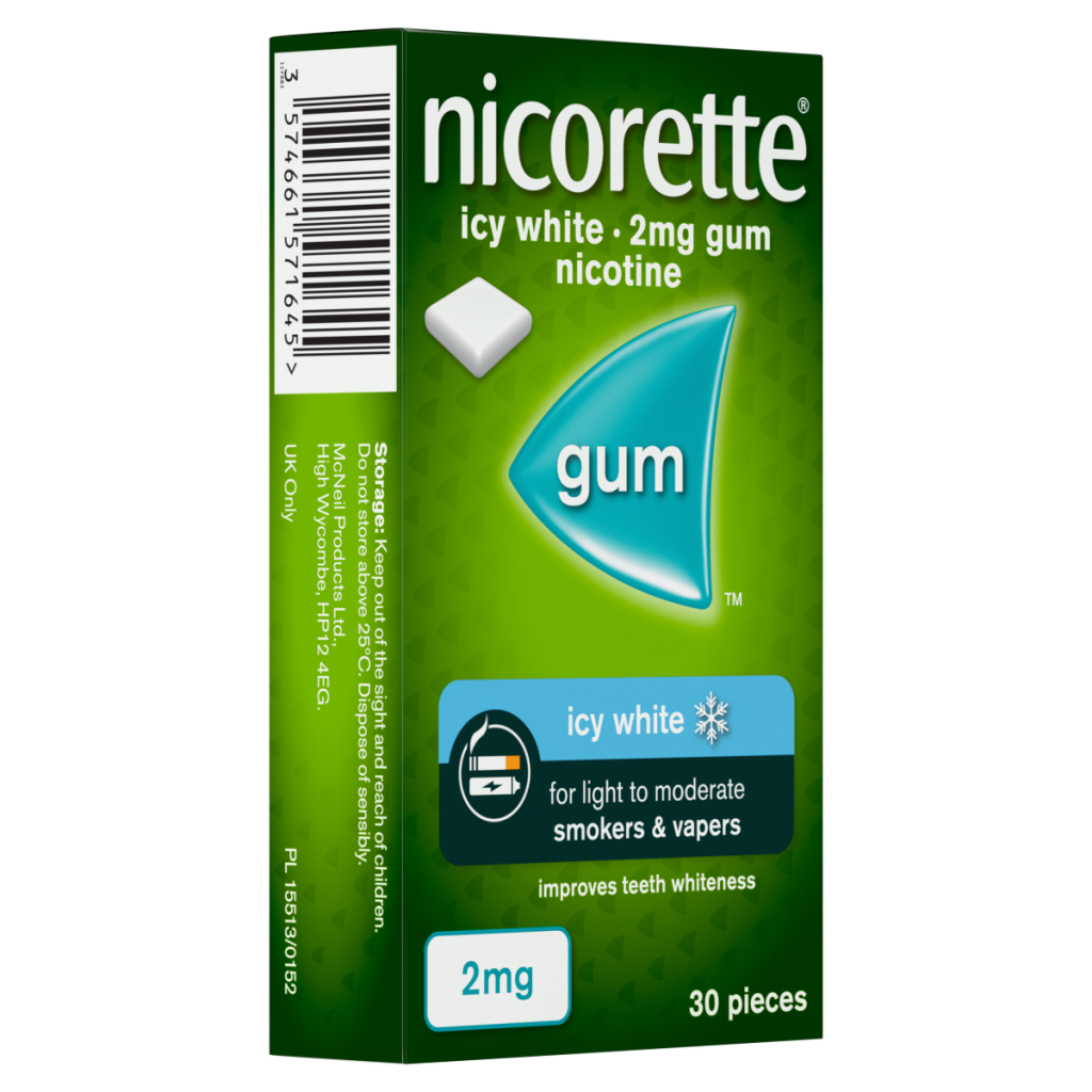 Nicorette 2mg Icy White Gum 30 Pieces,Quit Smoking or Quit Vaping Aid