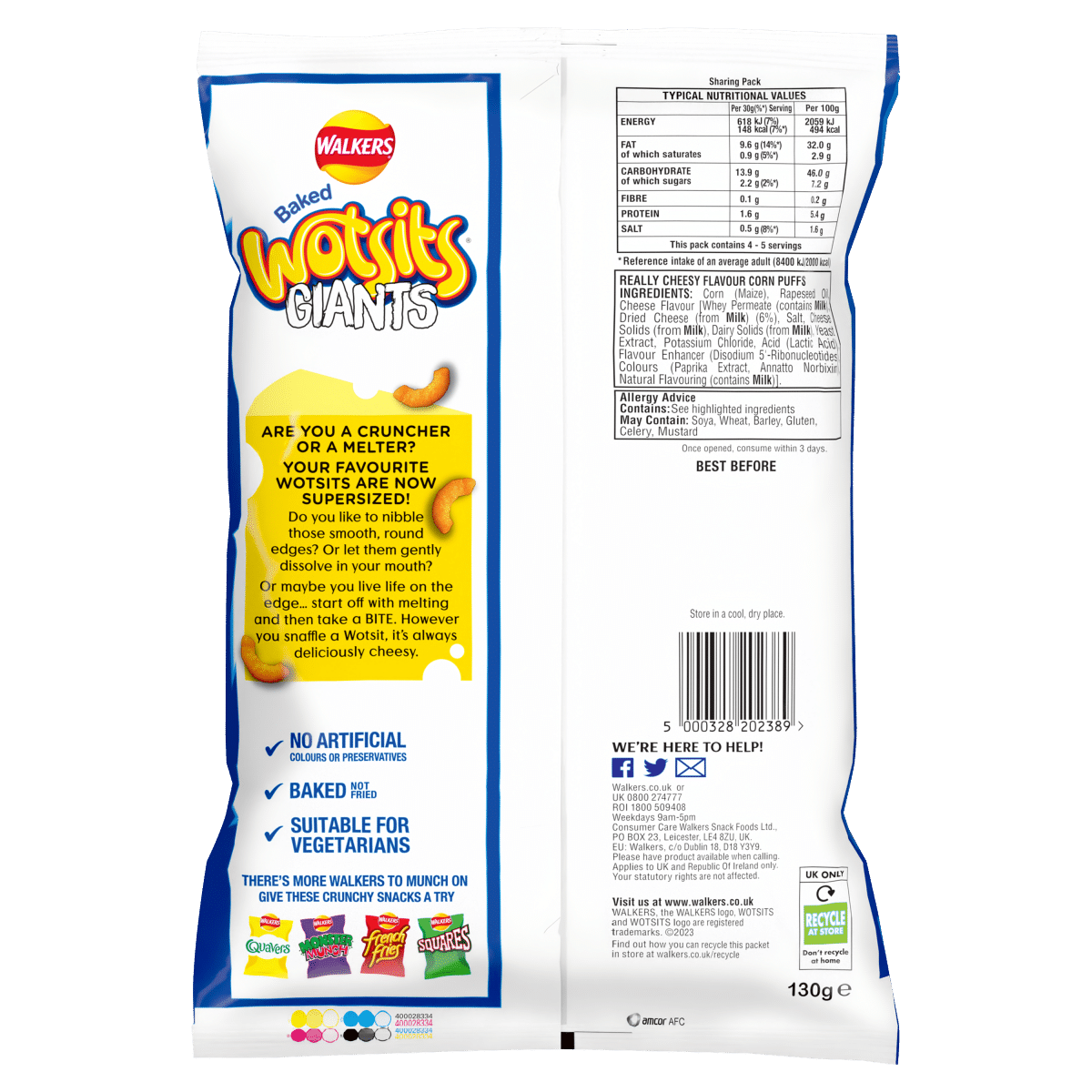 Walkers Wotsits Giants Really Cheesy Sharing Snacks Crisps 130g