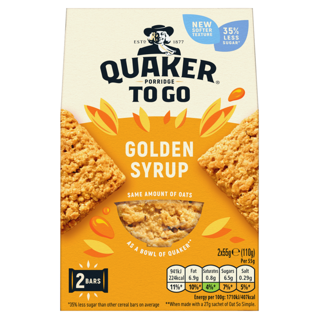 Quaker Porridge To Go Golden Syrup Breakfast Bars 2x55g