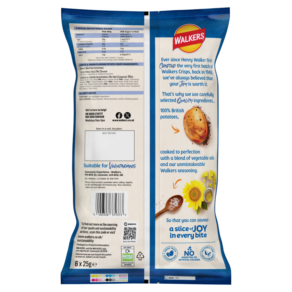 Walkers Cheese & Onion Multipack Crisps 6x25g