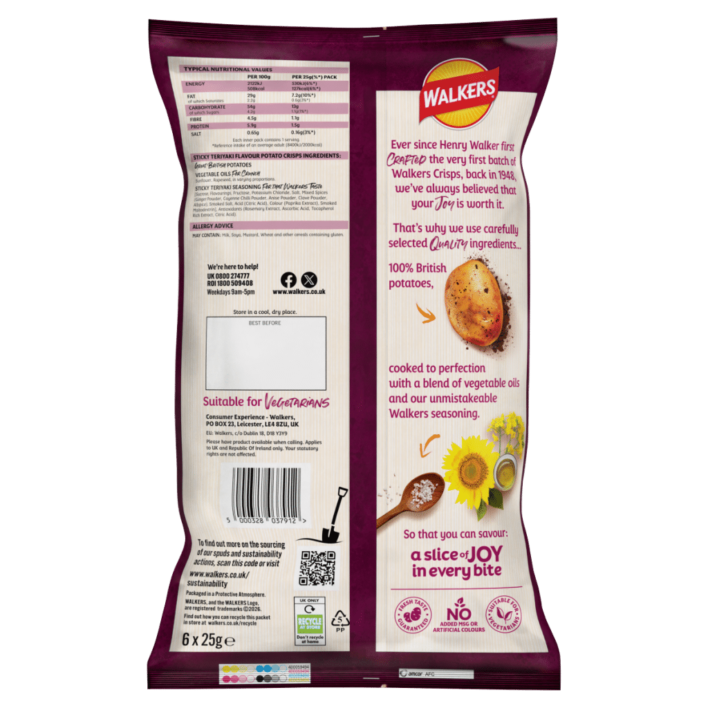 Walkers Sticky Teriyaki Flavour Sharing Crisps Multipack 6x25g