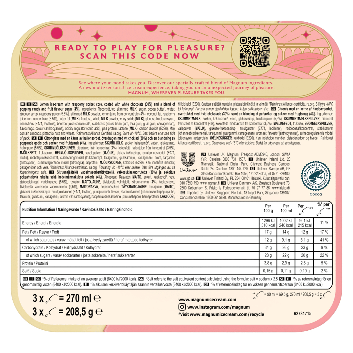 Magnum  Ice Cream Sticks Euphoria Pink Lemonade 3x 90 ml