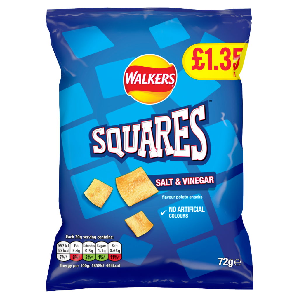 Walkers Squares Salt & Vinegar Crisps 72g PMP £1.35 RRP